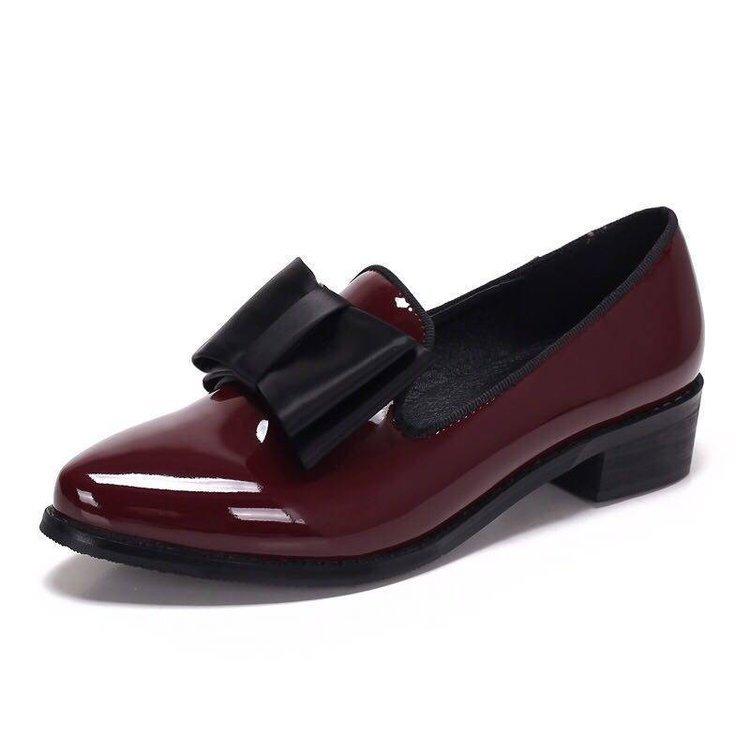 

Sweet Women Pumps Fashion Bowknot Shiny Patent Leather Block Chunky Low Heels Single Shoes Woman Pointed Toe Pumps Zapato Mujer, Red