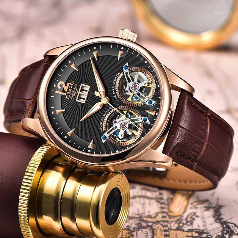 

2020 New LIGE Men Watches Luxury Leather Double Tourbillon Mechanical Watch Men Fashion Business Automatic Waterproof Watch 99971, Silver black