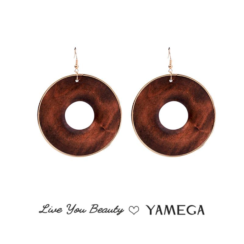 

YAMEGA Big Natural Wooden Earrings Vintage Circle Gold Metal Drop Statement Earrings Fashion Jewelry Gifts For Women New Arrival