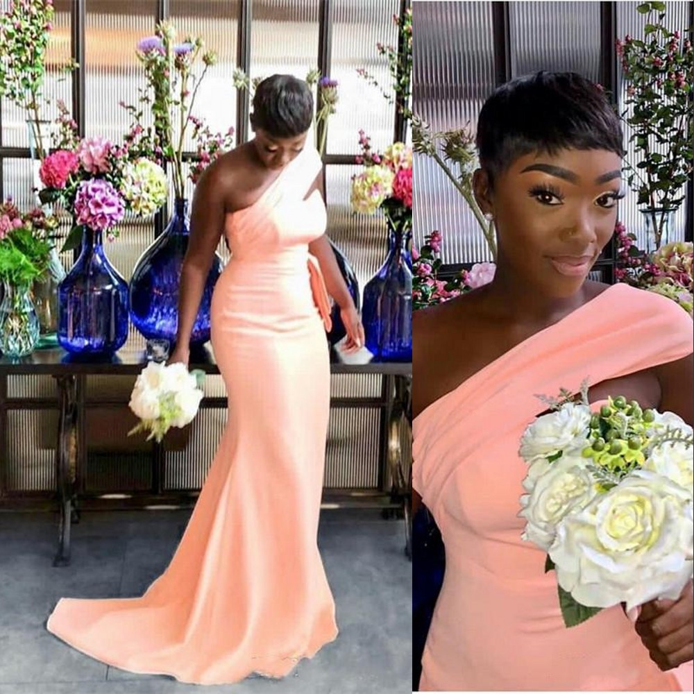 

New Cheap Simple Peach Mermaid Long Bridesmaid Dresses One Shoulder Pleats Garden Custom Plus Size Wedding Guest Gowns Maid Of Honor Dresses
