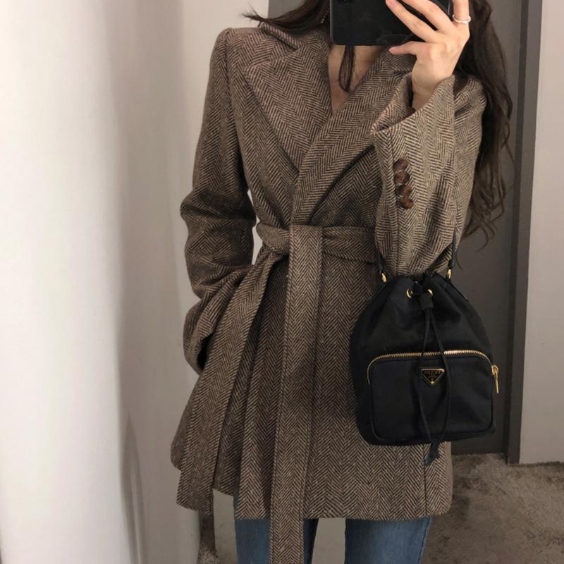 

2020 Real Vadim New Arrival Full Blazer Mujer Women' Suit Casual Retro Plaid Send Belt Wool Coat Woman Winter Clothes Women, Beige