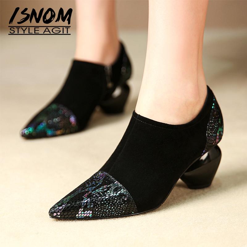 

ISNOM High Heels Pumps Women Sheepskin Pumps Woman Strange Style Shoes Female Pointed Toe Office Print Shoes Ladies Autumn, Black