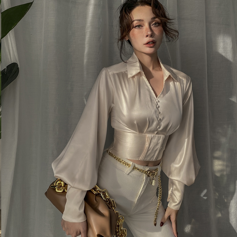 

2021 Autumn New Soft Satin Thin Lantern Sleeves Vintage Sexy Shirt Tops with Low-v Female Blouse Vest Waistcoats CSC7, Camel