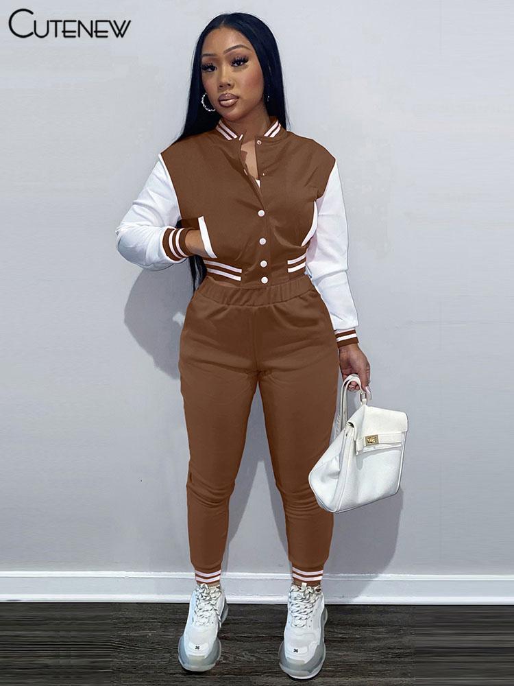 

Women's Two Piece Pants Cute Autumn Patchwork 2 Sets Women Slim Single-Breasted Baseball Jacket+High Waist Harlan Casual Lady Street Suit, White