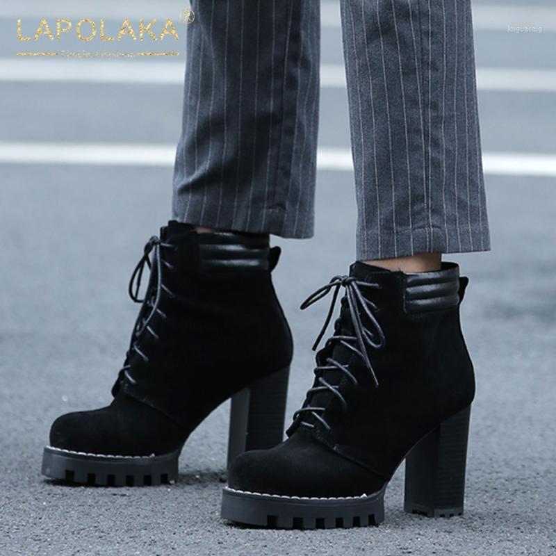 

Lapolaka 2020 New Arrivals Genuine Cow Leather Ankle Boots Woman Shoes Chunky High Heels Platform Lace Up Shoes Ladies Boots1, Black suede