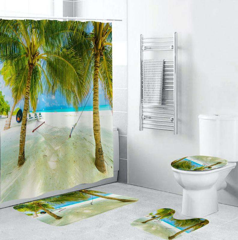 

Shower Curtain Set Cartoon Beach Plant Pattern Soft Bathroom Mat Carpet Toilet Mat Four-Piece Combination Home Decoration