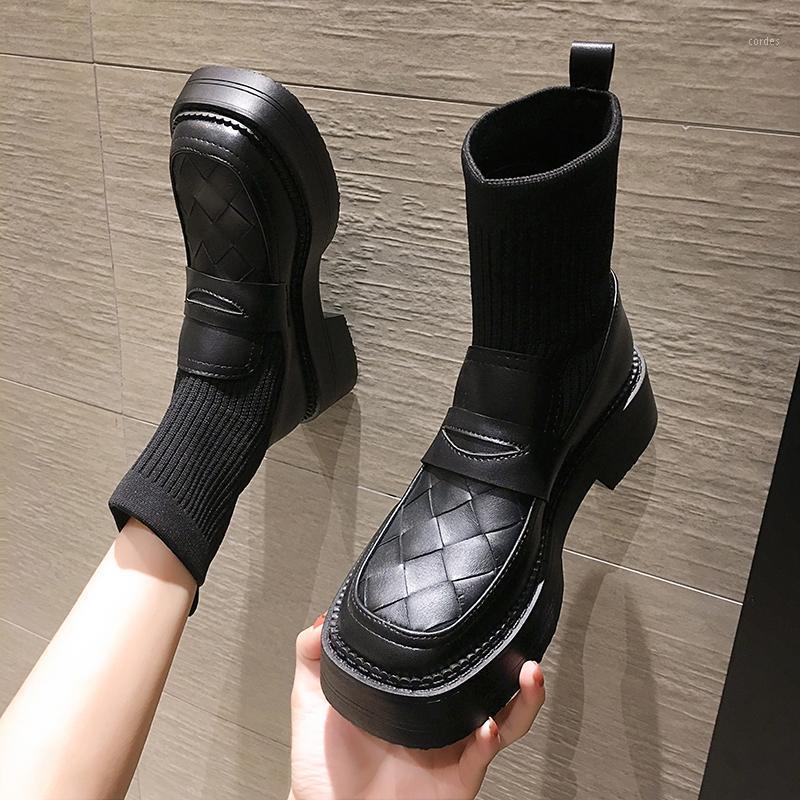 

EOEODOIT 2020 Autumn New Women Boots Leather Sock Booties 5 CM Med Heel Platform Lady Casual Slip On Boots Shoes With Elevator1, Grid