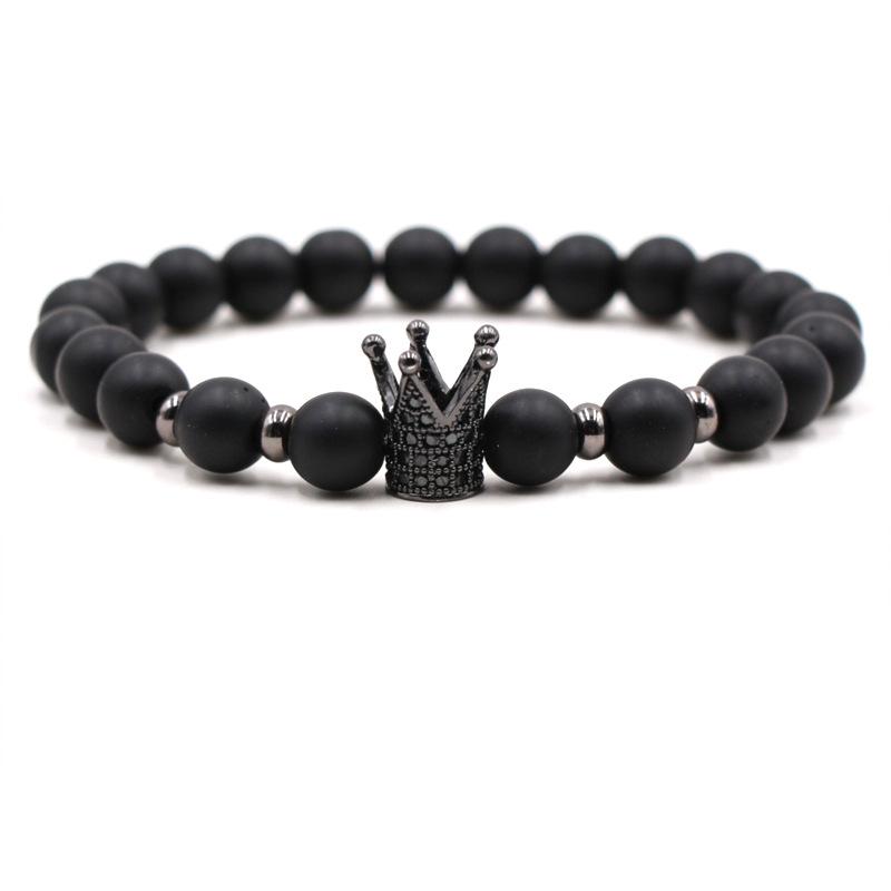 

Classic 8mm Matte Black natural stone bead Bracelets Bangle Pave CZ 4 Color Crown bracelet for Men&Women Handmade charm Jewelry