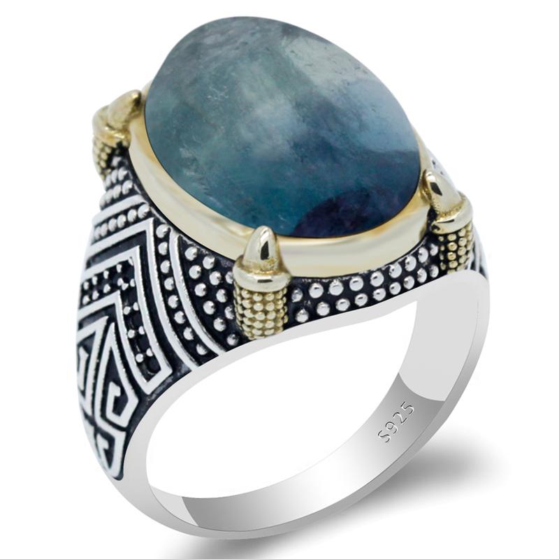 

Male Rings 925 Sterling Silver Blue Natural Fluorite Stone CZ Retro Punk Vintage Style Unique Party/Wedding Gift Fine Jewelry