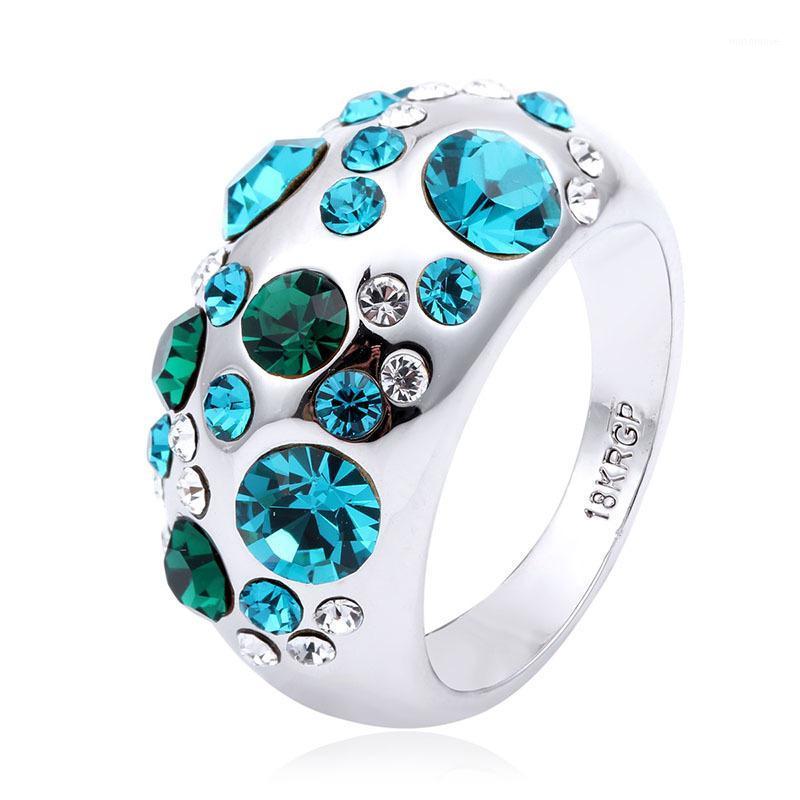 

White Gold Color Half Ball Full Bling Blue Crystals Statement Cocktail Rings For Women Anillos Bague Anel Feminino Aneis Jewelry1