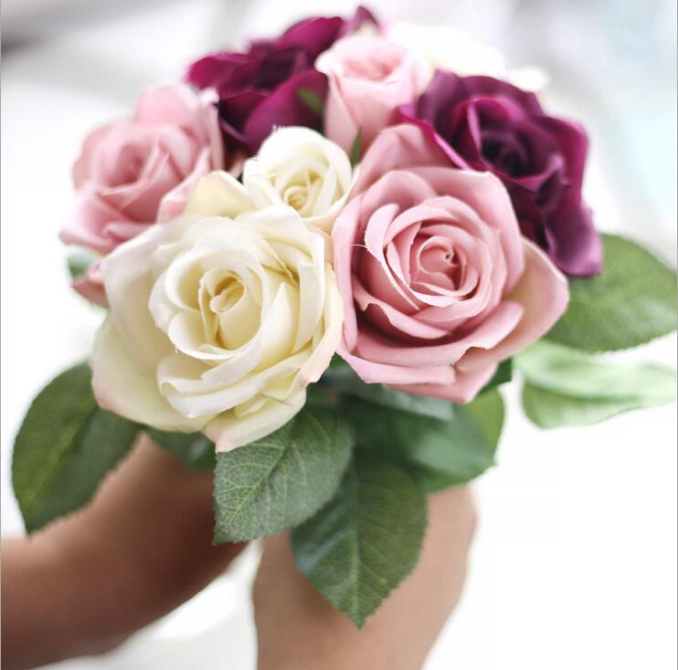 

New Arrival Simulation of Nine Heads Roses Bouquet Bridal Holding Flower Bouquet 16 Colors In Stock For Wedding Party Decoration, White