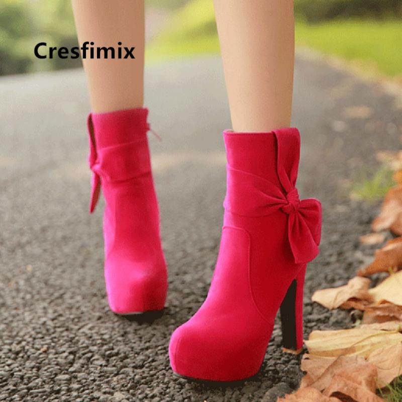 

Cresfimix Women Cool Red Bow Tie High Heel Autumn Boots Lady Casual Brown Comfortable Winter Street Boots Damskie Buty C6044