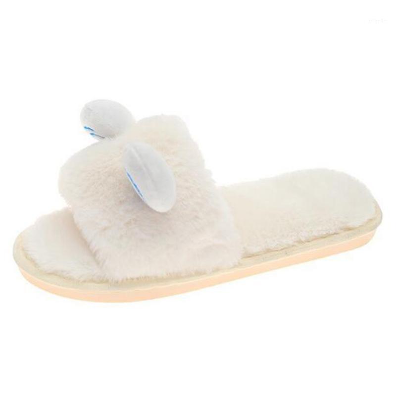 

Women Cartoon ears Fur Slippers Winter Plush Warm Flat Indoor Shoes Female Fashion Home Women Fluffy Slippers xx4411, Beige