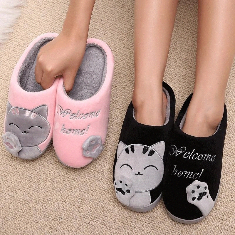 

Women Winter Home Slippers Cartoon Cat Non-slip Warm Indoor Bedroom Floor Shoes Woman Plush Slippers Faux Fur Slides Flip Flops #8u4e, Black