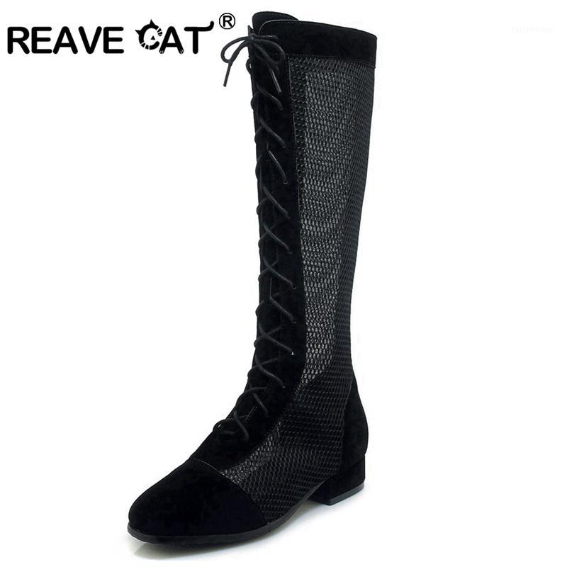 

REAVE CAT spring summer Boots female Mesh knee boot flat heels mesh lace up shoes Footwear Flock sexy 2020 ladies shoes A16801, Black
