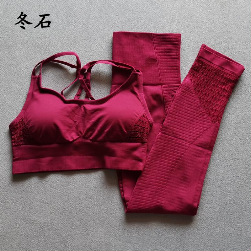 

2PCS Red Sexy Sports Suits Seamless Yoga Set Women Fitness Clothing Sportswear Woman Gym Leggings Push-up Strappy Sports Bra, Brown bra