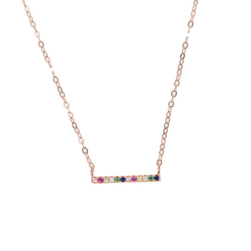 

dainty geometric necklace with rainbow cz paved bar charm 925 sterling silver minimal delicate jewelry