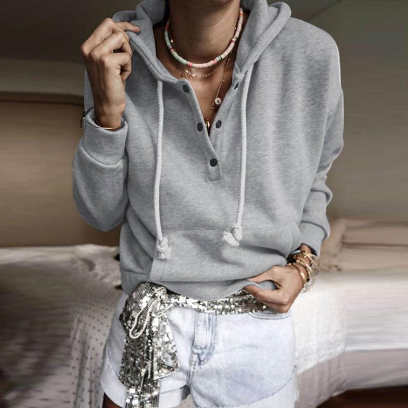 

Women's Pullover Hoodies Long Sleeve 1/snap Solid Sweatshirts Solid Elegant V Neck String Casual Brief Tops With Pocket, Khaki