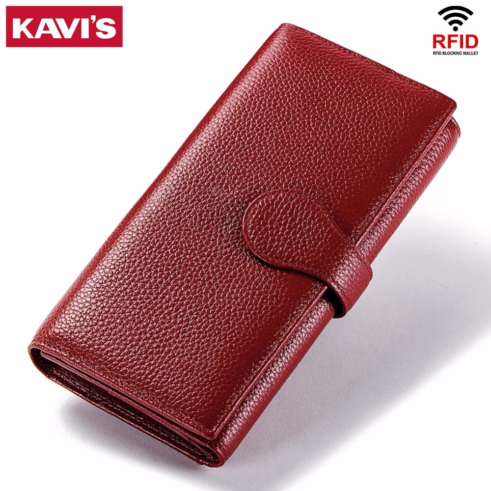 

KAVIS Rfid Genuine Leather Women Wallet Female Long Clutch Lady Walet Portomonee Luxury and Money Bag Handy Coin Purse for Girls, Red l box