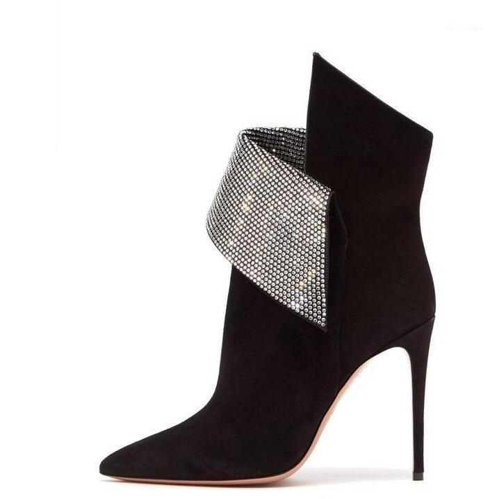 

New Arrivals Womens Suede Winter Boots Pointed Toe Sculptural Fold Over Ankle Boots Crystal Embellished Trim Stiletto Heel Boot1, As picture