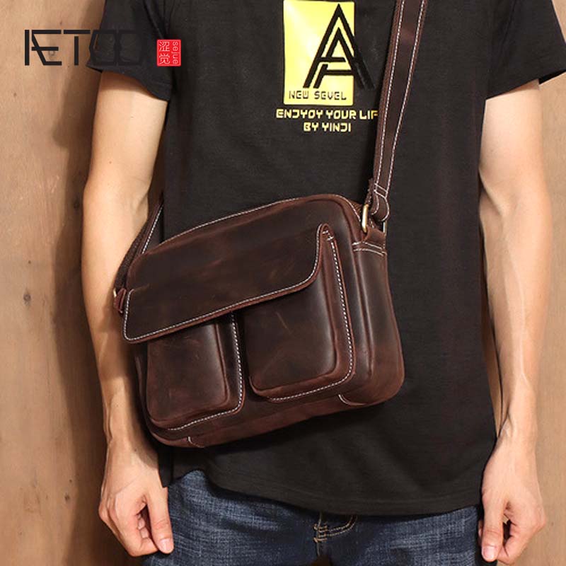 

hbp aetoo genuine leather mens bag retro crazy horse leather mens shoulder bag top layer cowhide casual personality messenger bag, Khaki