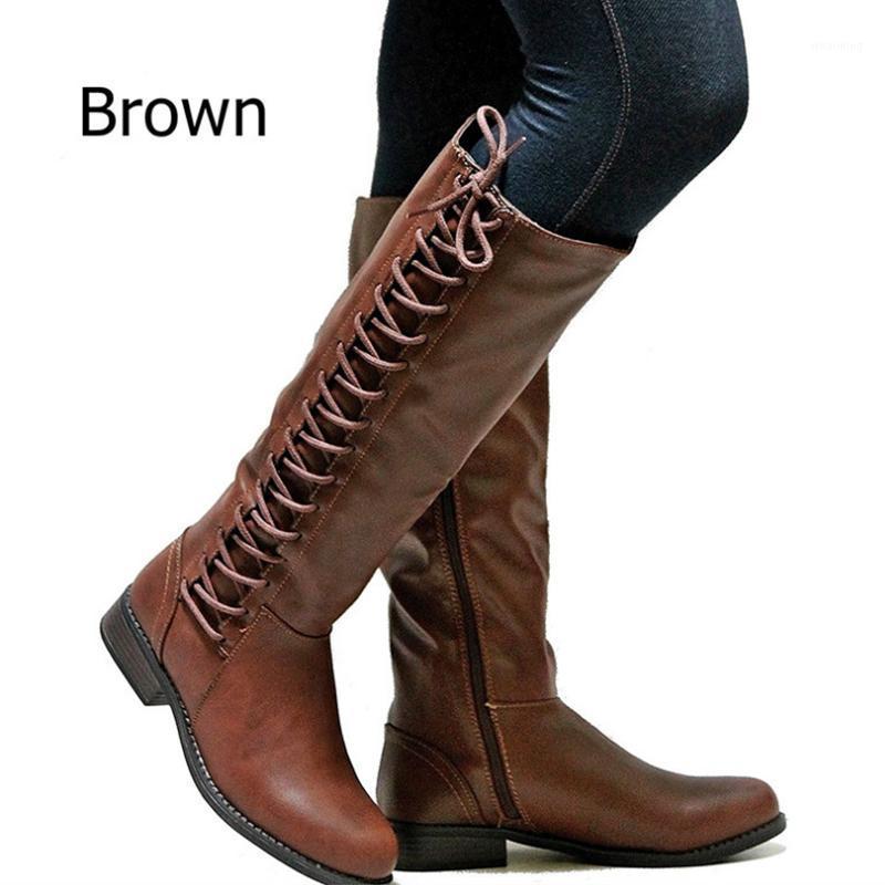 

Boots Women Knee High Winter Black Brown Soft Leather Long Warm Low Heels Platform Lace-up Thigh Shoes Botas1, Khaki