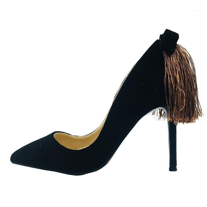 

Big Size 34-45 Black Suede Bow Tie Tassel Heels Women Pumps Elegant Stilettos Genuine Leather Insoles Girls Party Shoes1, Black 8cm