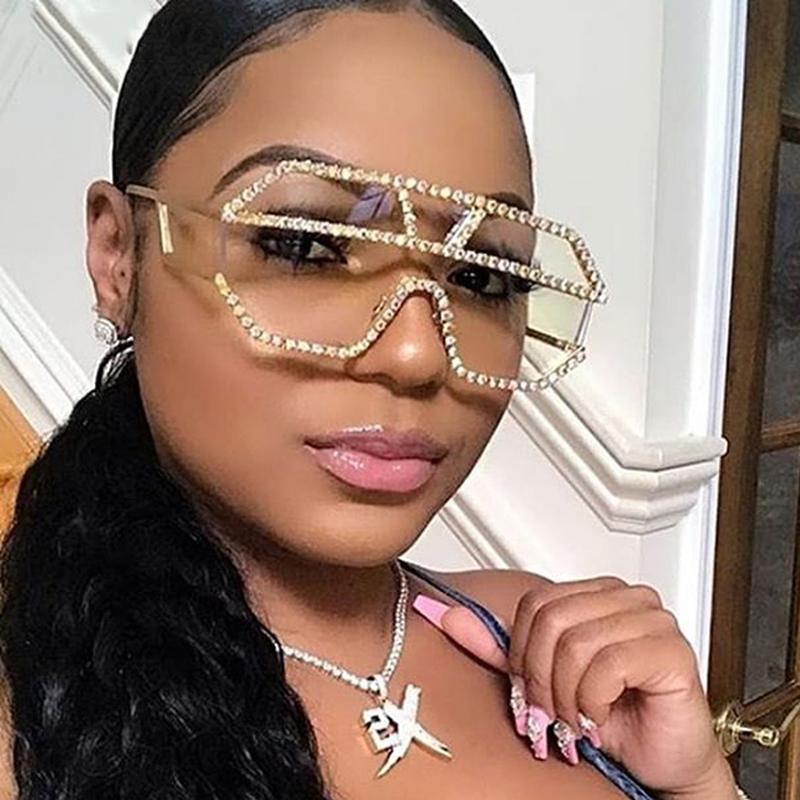 

Sunglasses Vintage Oversized Square Diamond Women 2021 Big Frame Luxury Crystal Sexy Lady Siamese Sun Glasses Rhinestone UV400