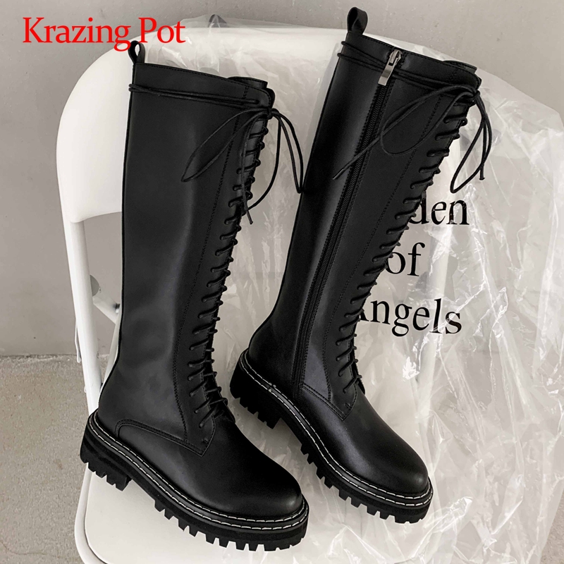 

Krazing pot motorcycle boots real leather cross-tied platform thick med heel round toe zipper coolest maiden knee high boots L80, Beige