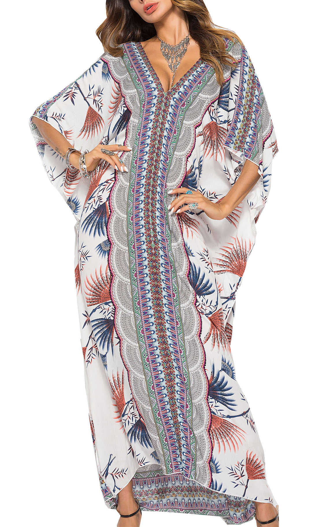 

Women Maxi Swing Dress Loose V-neck Short Sleeve Beach Kaftan Beach cover ups Beachwear Floral Print Beach Poncho Night Wear Long Robe, Color #1