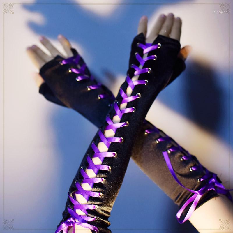 

Five Fingers Gloves Sexy Dark Lolita Long Half-finger Manopla Steampunk Satin Strap Gothic Loli Cosplay Black Glove Gauntlet Guantes Mujer1