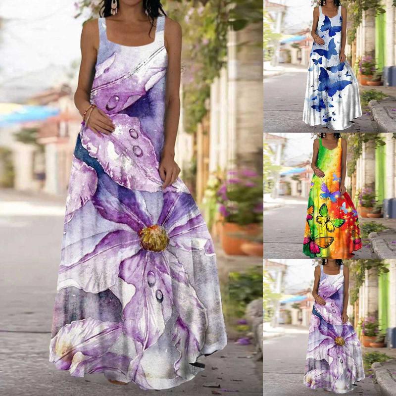 

Casual Dresses Women Tropical Floral Butterfly Print Halter Backless Maxi Dress Sexy Sleeveless Beach Off Shoulder Wear, Black;gray