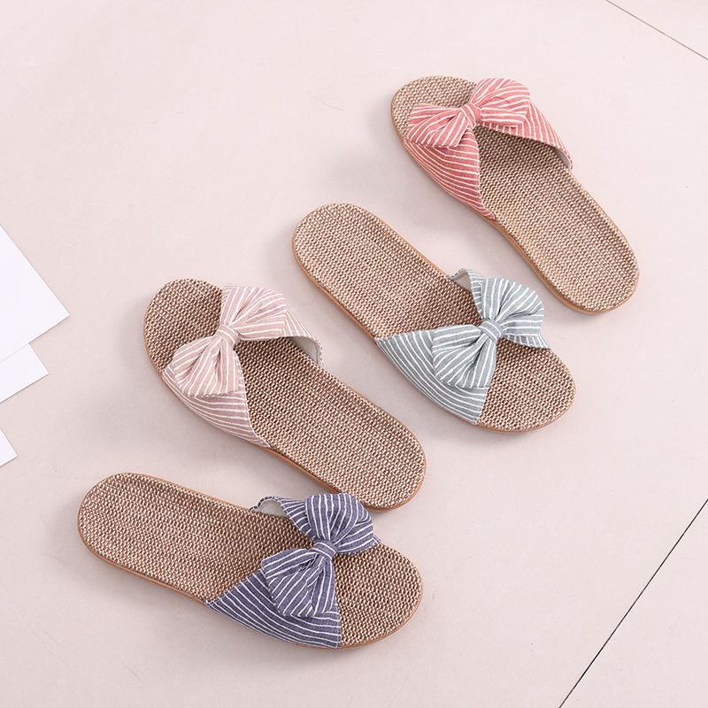 

New 2020 Slippers Women Fashion Eva Cotton and linen slippers Japanese style linen striped bowknot indoor female shoes1, Red