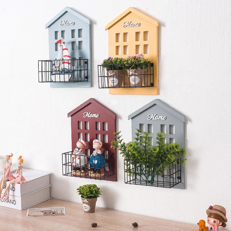 

Wood House Iron Wall Hanging Basket Storage Holder Shelf Display Board Vintage Home Bedroom Kids Room Wall Decorations 22*9*31cm