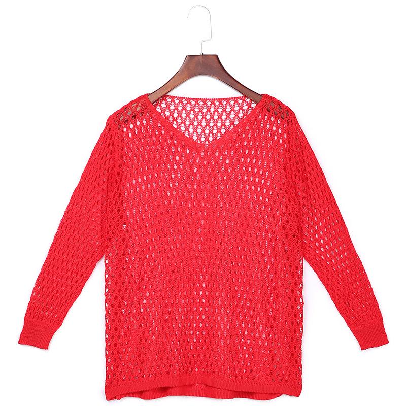 

Temperament Fashion Fishnet Sweaters Solid Color Hollow Big V-neck Wild Loose Sexy Casual Charming Fishnet Hole Sweater Women, Black