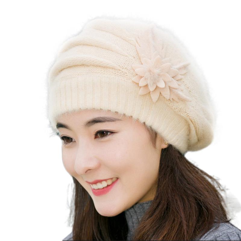 

Fashion Womens Flower Knit Crochet Beanie Hat Winter Warm Cap Beret Wool Felt Flower Beret Hat Keep Warm Winter Soft Solid Color, Beige