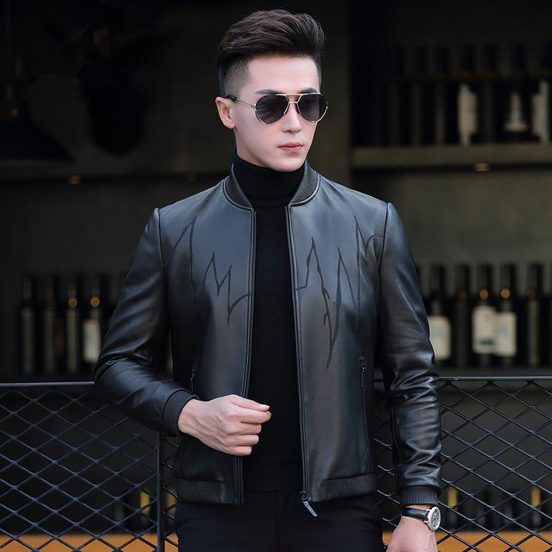 

Genuine Men Clothes 2020 Sheepskin Coats Motorcycle Baseball Leather Jacket Chaqueta P-CJ1755 ZL970, Black