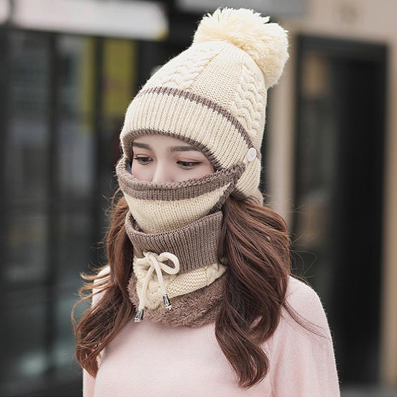 

3 in 1 Winter Beanie Scarf Mask Set Warm Cap Hat Soft Knit for Women Outdoor TY66, Wine red
