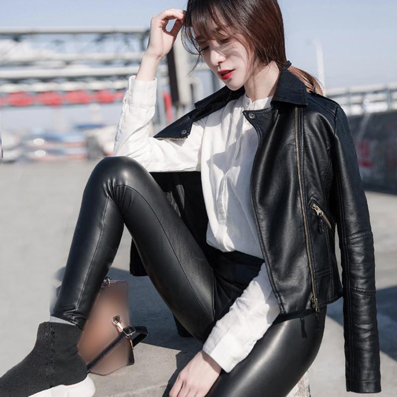 

PU Leather Jacket Women Spring And Summer Motorcycle Small Leather Jacket Female Short Coat Student Korean Slim Tops Outwear, Black