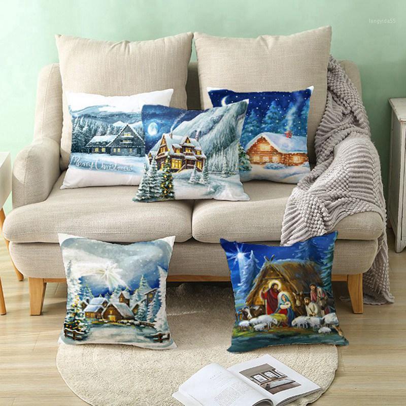 

New Christmas Cushion Cover Tree House Snow Home Bedroom Sofa Holiday Gift Linen Printed Decor Throw Pillow Cases 45x45cm1