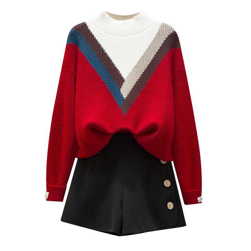 

2021 New Autumn vintage 2 joint pullover neck color matching sweater + shorts of two single piece y453 assembly S4DC, Suit