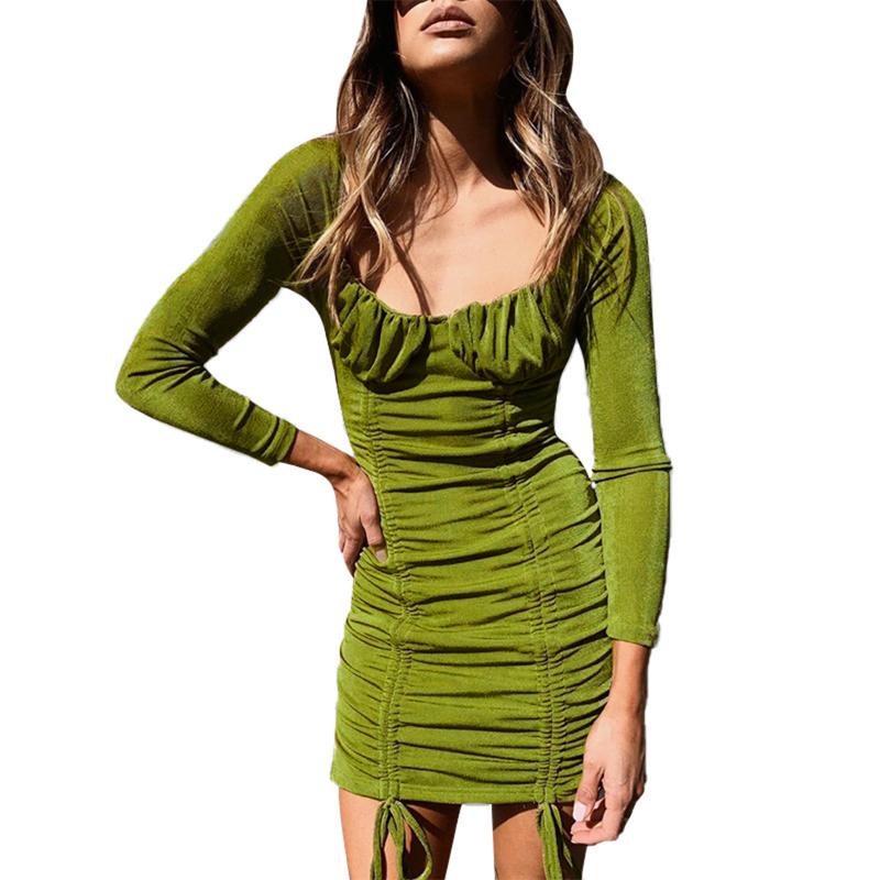 

Women Autumn Long-sleeved Dress Fashion Solid Color Pleated Drawstring Skinny Short Dress, Green