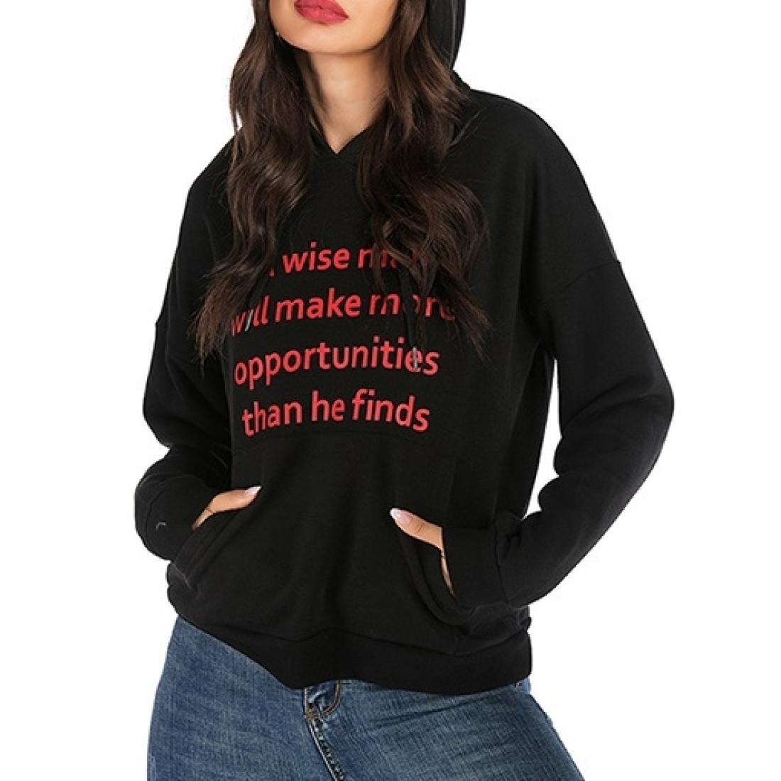 

Letter Printed Long Sleeve Hooded Women Sweatshirt, Black