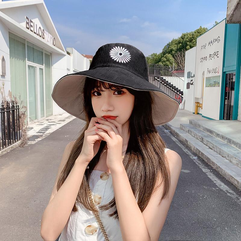 

Double-sided Small Daisy Fisherman Hat Female Summer Korean Big Eaves Japanese Sunscreen Sun Hat Wide Brim1, Black-beige