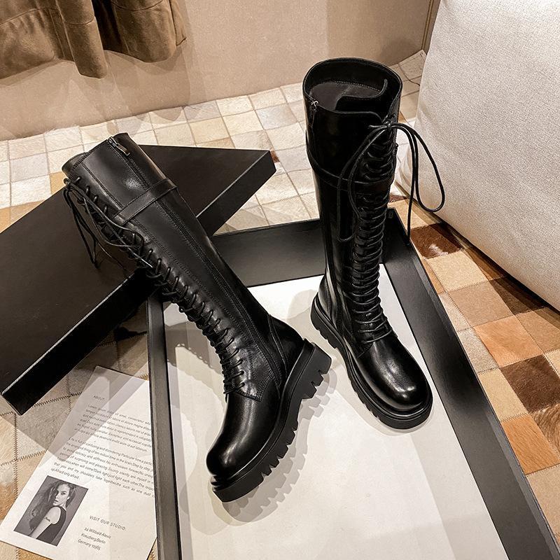 

long boots, women's net red, the same ins fashion versatile Knight boots, British style heavy bottom motorcycle boots1, Black