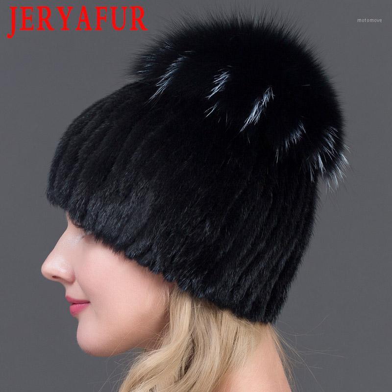 

JINBAOSEN 2020 Heißer Verkauf Mode Winter warm Frauen Stricken Caps Nerz hüte mit FUCHS Pelz Vertikale woven Top1, Color2