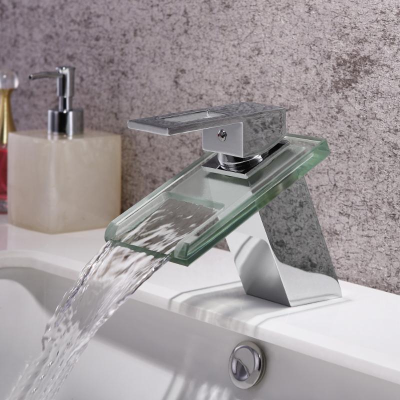 

SKOWLL Waterfall Glass Spout Bathroom Sink Basin Faucet Chrome Finish Square Water