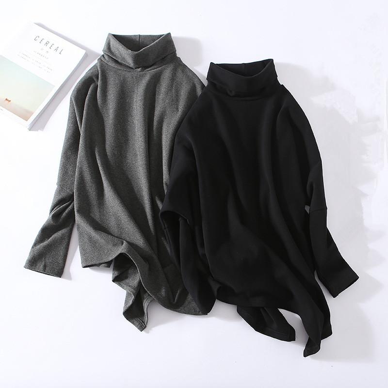 

Europe Fashion Loose Bat Sleeve Women T Shirt Autumn and Winter New Iregular T-shirt Oversized Stand Collar Cotton Women Tops, D00271 black