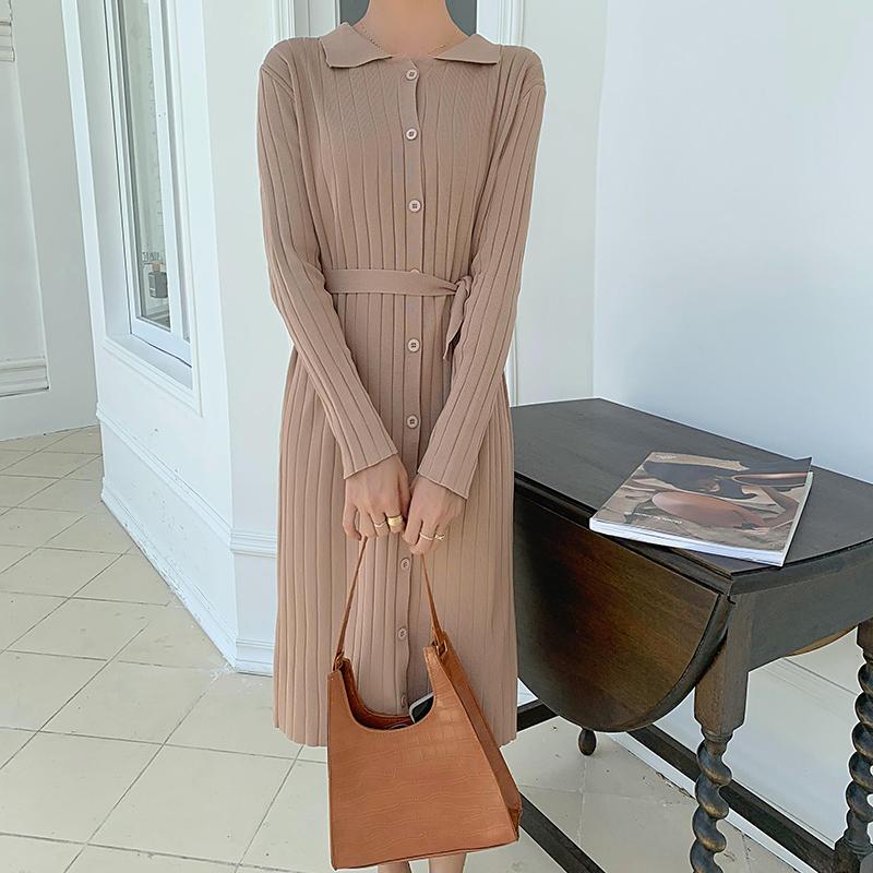 

gkfnmt Women Solid Warm Sashes Dress Knitted Long Sleeve Midi Dress Autumn Chic Streetwear Solid Belt Ladies Work 2020, Black