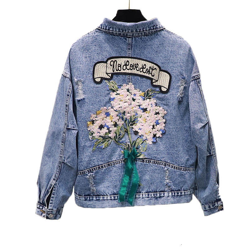 

2021 Hole Woman's Embroidered Jacket Short Release Korean Spring Casual Female Coat Denim Outerwear R55 Vam8, Color2